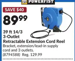 Princess Auto 39 ft14/3 3-Outlet Retractable Extension Cord Reel offer