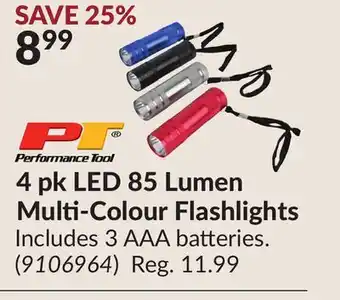Princess Auto 4 pk LED 85 Lumen Multi-Colour Flashlights offer