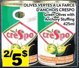 Supermarché PA OLIVES VERTES À LA FARCE D'ANCHOIS CRESPO | GREEN OLIVES WITH ANCHOVY STUFFING offer
