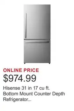 Costco Hisense 31 in 17 cu ft. Bottom Mount Counter Depth Refrigerator with Full Width Pantry offer