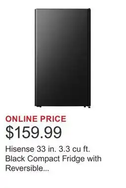 Costco Hisense 33 in. 3.3 cu ft. Black Compact Fridge with Reversible Curved Door offer