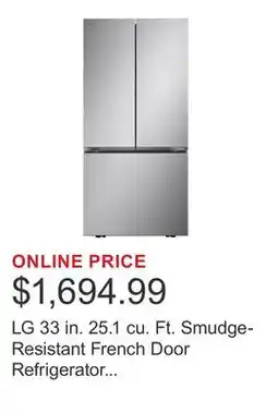 Costco LG 33 in. 25.1 cu. Ft. Smudge-Resistant French Door Refrigerator with Ice Maker in Freezer offer
