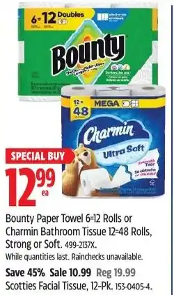 Canadian Tire Bounty paper towel 6-12 rolls or charmin bathroom tissue 12-48 rolls strong or soft offer