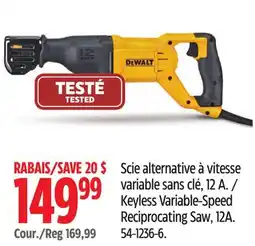 Canadian Tire Dewalt Keyless Variable-Speed Reciprocating Saw, 12A offer