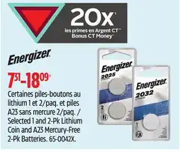 Canadian Tire Energizer Selected 1 and 2-Pk Lithium Coin and A23 Mercury-Free 2-Pk Batteries offer