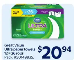 Walmart Great Value Ultra paper towels 12=26 rolls offer