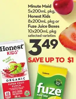 Longo's Minute Maid 5x200mL pkg, Honest Kids 8x200mL pkg or Fuze Juice Boxes 10x200mL pkg offer