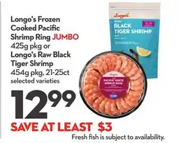 Longo's Frozen Cooked Pacific Shrimp Ring JUMBO 425g pkg or Raw Black Tiger Shrimp 454g pkg, 21-25ct offer