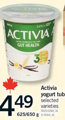 Fortinos ACTIVIA YOGURT TUB, 625/650 G offer