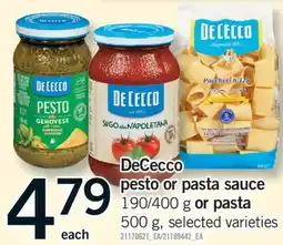 Fortinos DeCecco pesto or pasta sauce 190/400 g or pasta 500 g offer