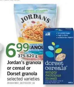 Fortinos JORDAN'S GRANOLA OR CEREAL OR DORSET GRANOLA, 375-620 g offer