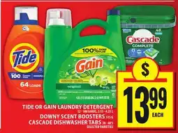 Food Basics TIDE OR GAIN LAUNDRY DETERGENT, DOWNY SCENT BOOSTERS, CASCADE DISHWASHER TABS offer
