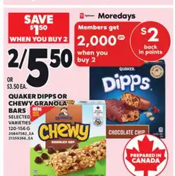 Loblaws QUAKER DIPPS OR CHEWY GRANOLA BARS, 120-156 G offer