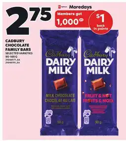 Loblaws CADBURY CHOCOLATE FAMILY BARS, 90-100 G offer