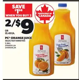 Loblaws PC ORANGE JUICE, 1.54 L offer