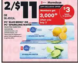Loblaws PC BLUE MENU OR PC SPARKLING WATER, 12X355 ML offer
