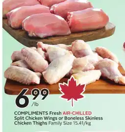 Sobeys COMPLIMENTS Fresh AIR-CHILLED Split Chicken Wings or Boneless Skinless Chicken Thighs offer