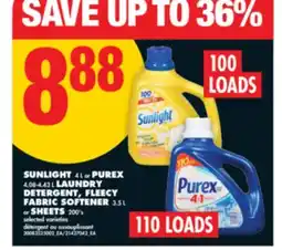 No Frills SUNLIGHT 4 L or PUREX 4.08-4.43 L LAUNDRY DETERGENT, FLEECY FABRIC SOFTENER 3.5 L or SHEETS 200' s offer