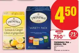 No Frills TWININGS TEA or HERBAL TEA, 20' s offer