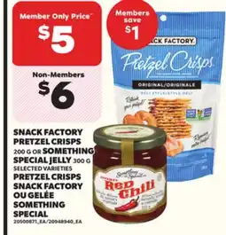 Independent Grocer SNACK FACTORY PRETZEL CRISPS 200 G OR SOMETHING SPECIAL JELLY 300 G offer