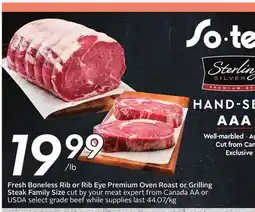 Sobeys Fresh Boneless Rib or Rib Eye Premium Oven Roast or Grilling Steak offer