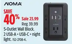 Canadian Tire Noma 5-Outlet Wall Block. 2 USB-A + USB-C + night light offer