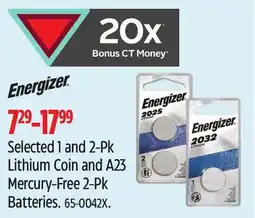 Canadian Tire Energizer Selected 1 and 2-Pk Lithium Coin and A23 Mercury-Free 2-Pk Batteries offer