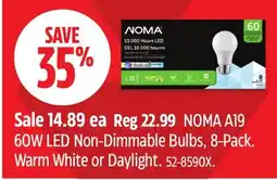 Canadian Tire NOMA A19 60W LED Non-Dimmable Bulbs, 8-Pack. Warm White or Daylight offer