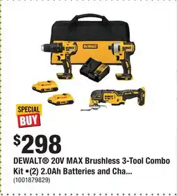 Home Depot DEWALT 20V MAX Brushless 3-Tool Combo Kit •(2) 2.0Ah Batteries and Charger offer