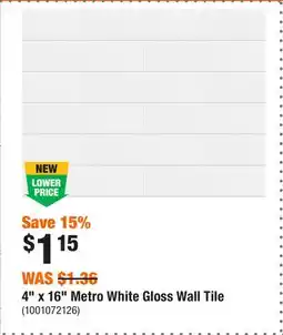 Home Depot 4 x 16 Metro White Gloss Wall Tile offer