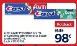 Walmart Crest Cavity Protection or Complete Whitening plus Scope toothpaste offer
