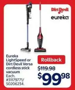 Walmart Eureka Lightspeed or Dirt Devil Versa Cordless Stick Vacuum offer