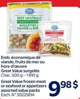 Walmart Great value frozen meat or seafood or appetizers offer