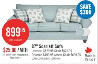 The Brick Made in Canada Scarlett 87 Chenille Fabric Sofa with Rolled Arms and Accent Pillows - Marine Blue offer