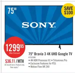 The Brick Sony 75 Bravia 3 LED 4K HDR10 Dolby Vision Motionflow XR 60Hz Google Smart TV (K75S30) offer