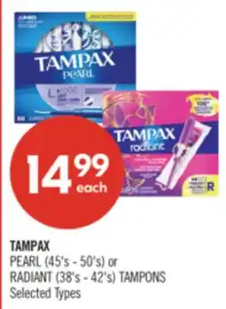 Shoppers Drug Mart TAMPAX PEARL (45's - 50's) or RADIANT (38's - 42's) TAMPONS offer