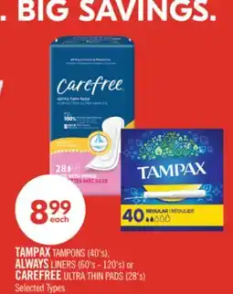 Shoppers Drug Mart TAMPAX TAMPONS (40's), ALWAYS LINERS (60's - 120's) or CAREFREE ULTRA THIN PADS (28's) offer