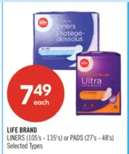 Shoppers Drug Mart LIFE BRAND LINERS (105's - 135's) or PADS (27's - 48's) offer