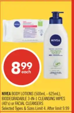 Shoppers Drug Mart NIVEA BODY LOTIONS BIODEGRADABLE 3-IN-1 CLEANSING WIPES (40's) or FACIAL CLEANSERS offer