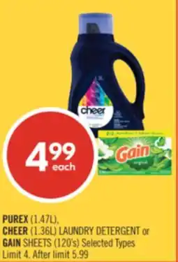 Shoppers Drug Mart PUREX (1.47L), CHEER (1.36L) LAUNDRY DETERGENT or GAIN SHEETS (120's) offer