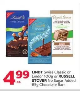 Rexall LINDT Swiss Classic or Lindor 100g or RUSSELL STOVER No Sugar Added 85g Chocolate Bars offer