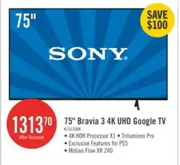 The Brick Sony 75 Bravia 3 LED 4K HDR10 Dolby Vision Motionflow XR 60Hz Google Smart TV (K75S30) offer