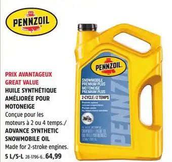 Canadian Tire Pennzoil ADVANCE SYNTHETIC SNOWMOBILE OIL offer