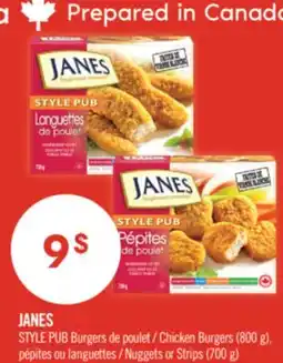 Pharmaprix JANES STYLE PUB Chicken Burgers (800 g), Nuggets or Strips (700 g) offer