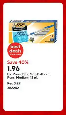 Staples Bic Round Stic Grip Ballpoint Pens, Medium, 12 pk offer