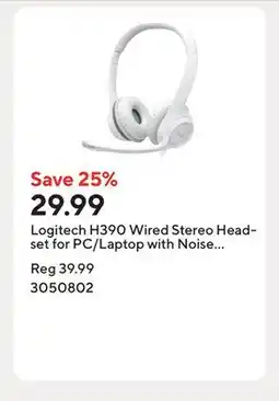 Staples Logitech H390 Wired Stereo Headset for PC/Laptop with Noise Cancelling Mic - White offer