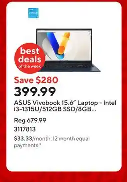 Staples ASUS Vivobook 15.6 Laptop - Intel i3-1315U/512GB SSD/8GB RAM/Windows 11 Home offer