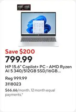 Staples HP 15.6 Copilot+ PC - AMD Ryzen AI 5 340/512GB SSD/16GB RAM/Windows 11 Home offer