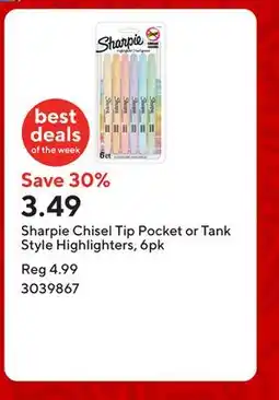 Staples Sharpie Chisel Tip Pocket or Tank Style Highlighters, 6pk offer