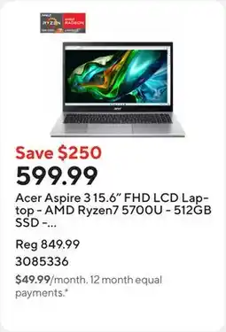 Staples Acer Aspire 3 15.6 FHD LCD Laptop - AMD Ryzen7 5700U - 512GB SSD - 16GB RAM - Windows 11 - Silver offer